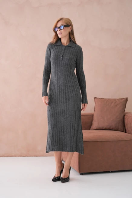 Kadın Polo Yaka Düğme Detay Maxi Boy Yumuşak Dokulu Fitilli Triko Elbise