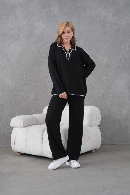 Kadın Polo Yaka Düğme Detay Oversize Kaşkorse Kazak Pantolon İkili Triko Takım