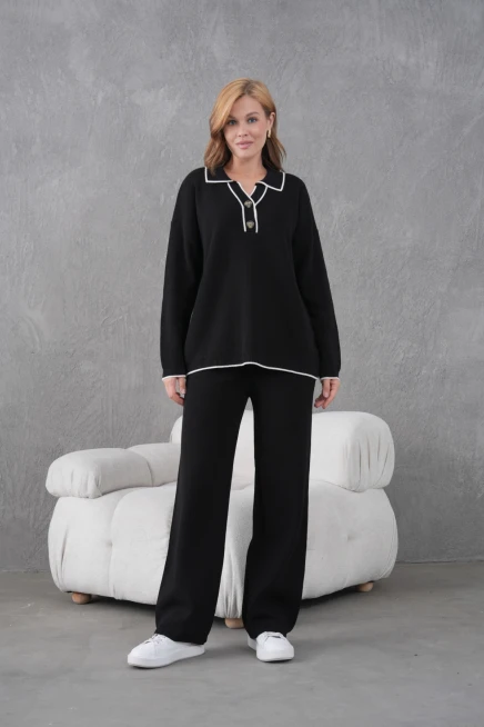 Kadın Polo Yaka Düğme Detay Oversize Kaşkorse Kazak Pantolon İkili Triko Takım