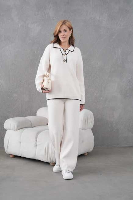 Kadın Polo Yaka Düğme Detay Oversize Kaşkorse Kazak Pantolon İkili Triko Takım