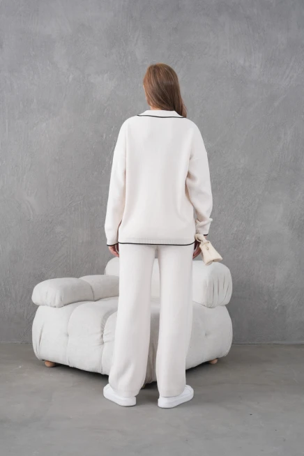 Kadın Polo Yaka Düğme Detay Oversize Kaşkorse Kazak Pantolon İkili Triko Takım