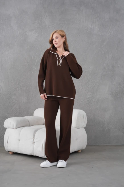 Kadın Polo Yaka Düğme Detay Oversize Kaşkorse Kazak Pantolon İkili Triko Takım