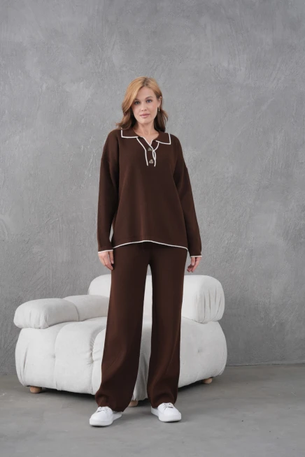 Kadın Polo Yaka Düğme Detay Oversize Kaşkorse Kazak Pantolon İkili Triko Takım