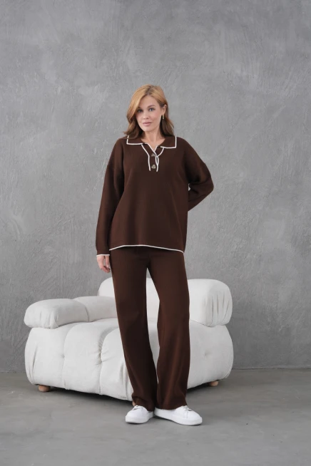 Kadın Polo Yaka Düğme Detay Oversize Kaşkorse Kazak Pantolon İkili Triko Takım