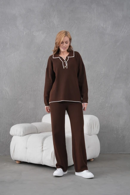 Kadın Polo Yaka Düğme Detay Oversize Kaşkorse Kazak Pantolon İkili Triko Takım