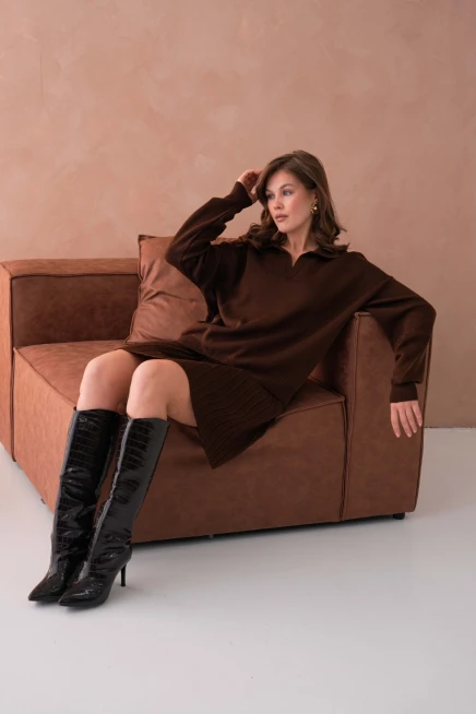 Kadın Polo Yaka Düşük Kol Kazak Kısa Etek İkili Triko Takım