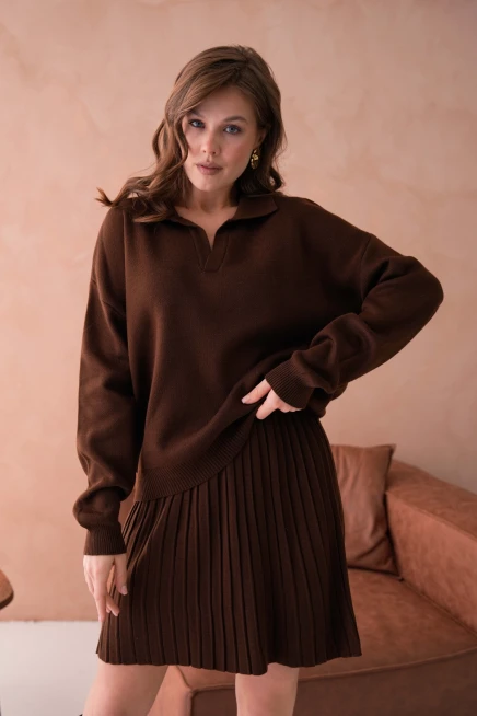 Kadın Polo Yaka Düşük Kol Kazak Kısa Etek İkili Triko Takım