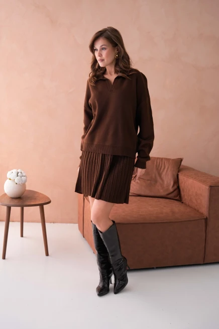 Kadın Polo Yaka Düşük Kol Kazak Kısa Etek İkili Triko Takım