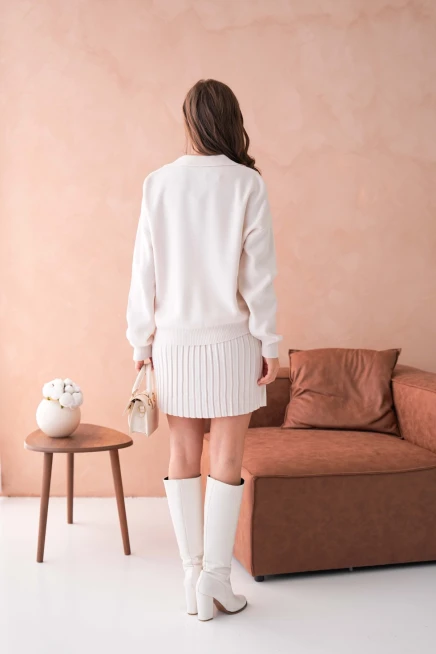 Kadın Polo Yaka Düşük Kol Kazak Kısa Etek İkili Triko Takım