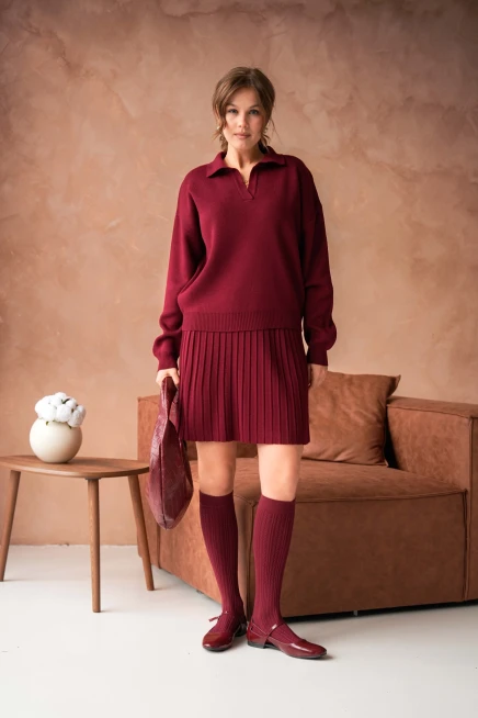 Kadın Polo Yaka Düşük Kol Kazak Kısa Etek İkili Triko Takım