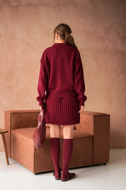 Kadın Polo Yaka Düşük Kol Kazak Kısa Etek İkili Triko Takım