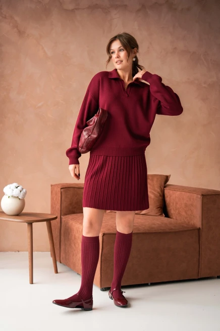 Kadın Polo Yaka Düşük Kol Kazak Kısa Etek İkili Triko Takım