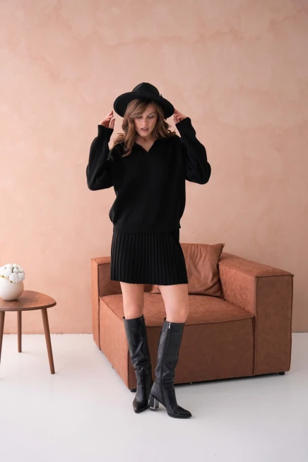 Kadın Polo Yaka Düşük Kol Kazak Kısa Etek İkili Triko Takım