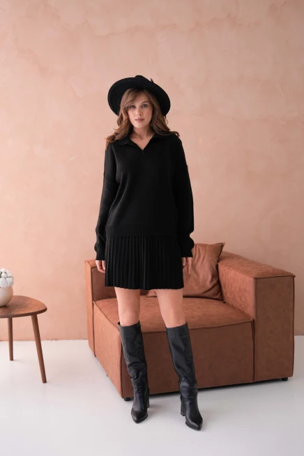 Kadın Polo Yaka Düşük Kol Kazak Kısa Etek İkili Triko Takım