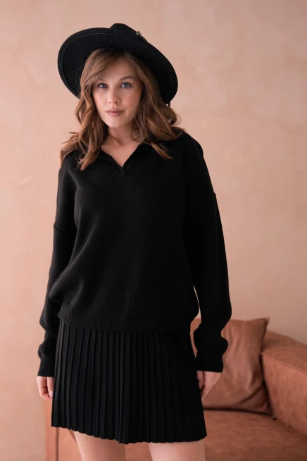 Kadın Polo Yaka Düşük Kol Kazak Kısa Etek İkili Triko Takım