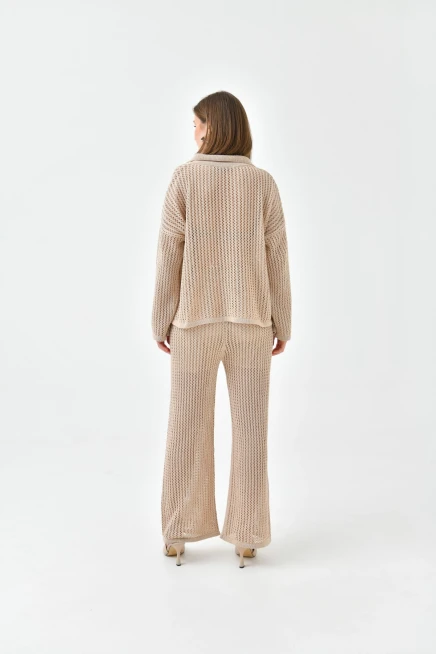 Kadın Polo Yaka Örgü Detay Kazak Astarlı Pantolon İkili Triko Takım