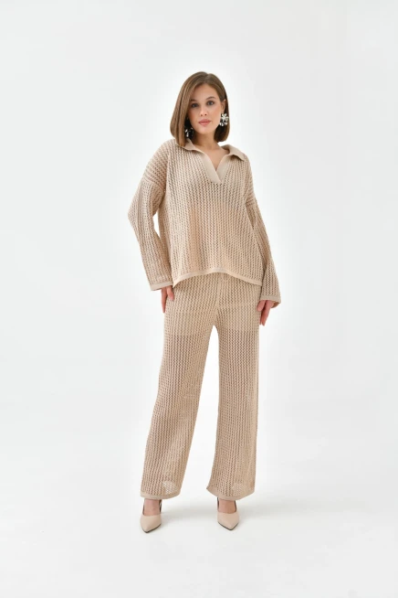 Kadın Polo Yaka Örgü Detay Kazak Astarlı Pantolon İkili Triko Takım