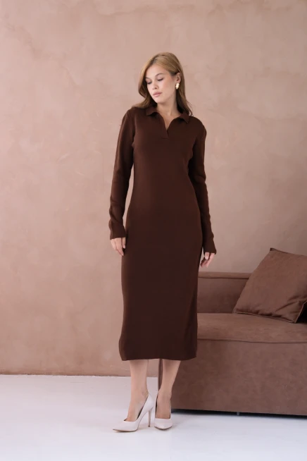 Kadın Polo Yaka Yamuşak Dokulu Maksi Boy Triko Elbise