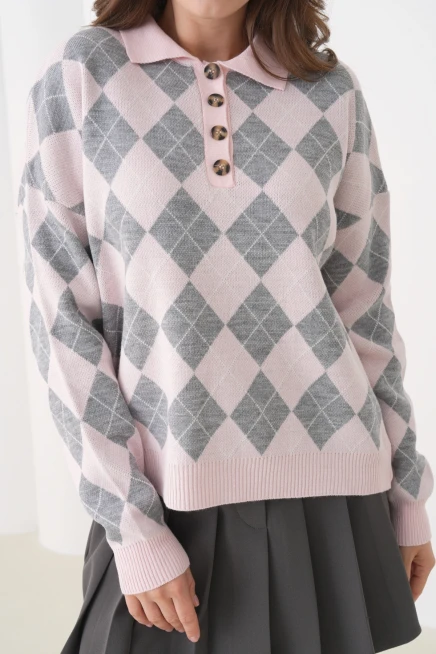 Kadın Polo Yaka Yarım Pat Düğme Detay Desenli Oversize Triko Kazak