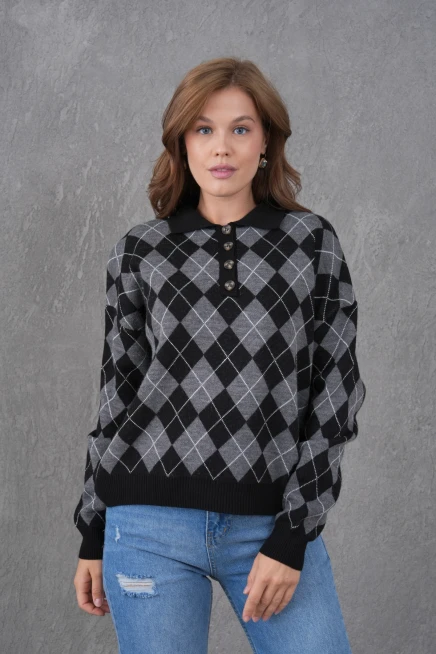 Kadın Polo Yaka Yarım Pat Düğme Detay Desenli Oversize Triko Kazak