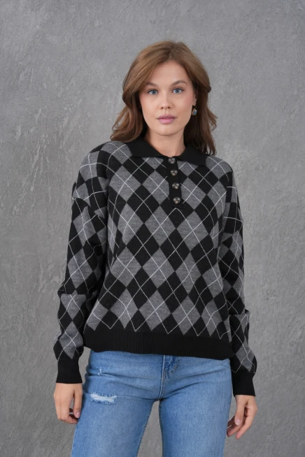 Kadın Polo Yaka Yarım Pat Düğme Detay Desenli Oversize Triko Kazak