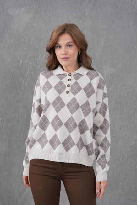 Kadın Polo Yaka Yarım Pat Düğme Detay Desenli Oversize Triko Kazak