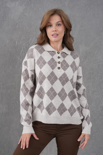 Kadın Polo Yaka Yarım Pat Düğme Detay Desenli Oversize Triko Kazak