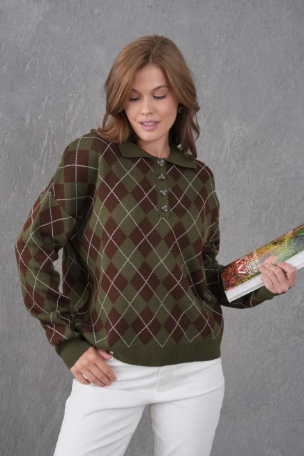 Kadın Polo Yaka Yarım Pat Düğme Detay Desenli Oversize Triko Kazak