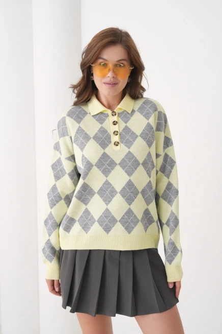 Kadın Polo Yaka Yarım Pat Düğme Detay Desenli Oversize Triko Kazak