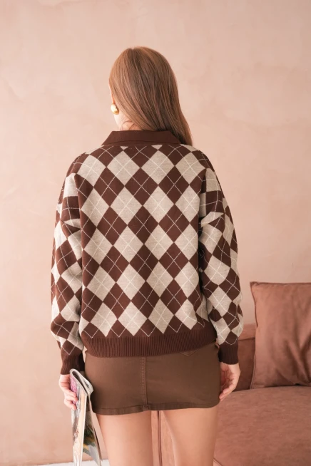 Kadın Polo Yaka Yarım Pat Düğme Detay Desenli Oversize Triko Kazak