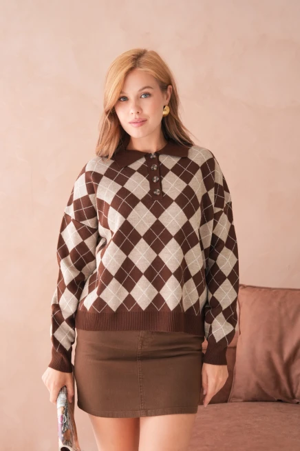 Kadın Polo Yaka Yarım Pat Düğme Detay Desenli Oversize Triko Kazak