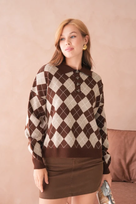 Kadın Polo Yaka Yarım Pat Düğme Detay Desenli Oversize Triko Kazak