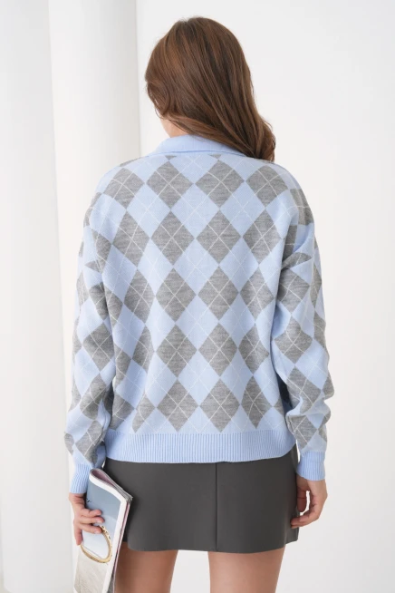 Kadın Polo Yaka Yarım Pat Düğme Detay Desenli Oversize Triko Kazak