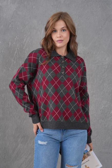 Kadın Polo Yaka Yarım Pat Düğme Detay Desenli Oversize Triko Kazak