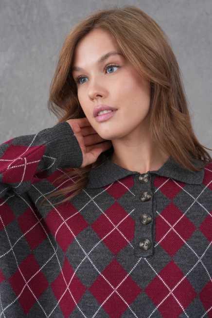 Kadın Polo Yaka Yarım Pat Düğme Detay Desenli Oversize Triko Kazak