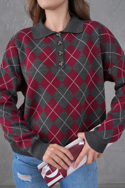 Kadın Polo Yaka Yarım Pat Düğme Detay Desenli Oversize Triko Kazak