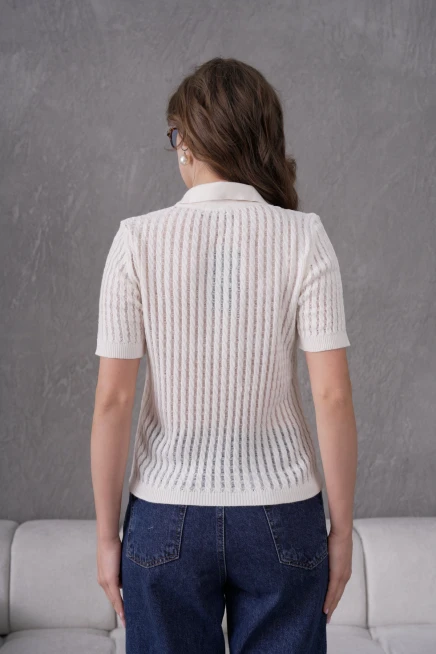 Kadın Polo Yaka Yarım Pat Düğme Kapama Ajurlu Kısa Kol Triko Kazak 10645