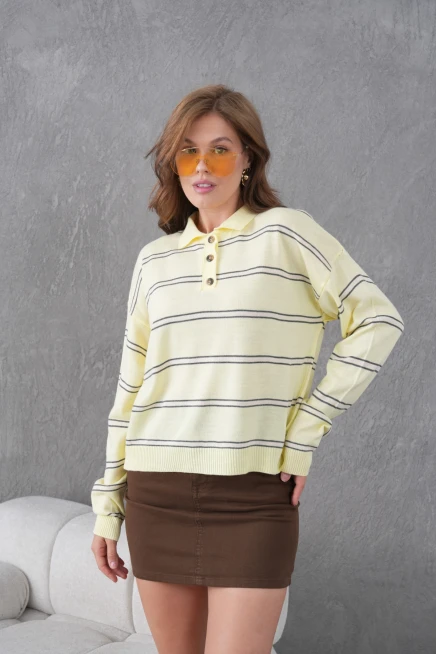 Kadın Polo Yaka Yarım Pat Düğme Kapama Çizgili Triko Kazak