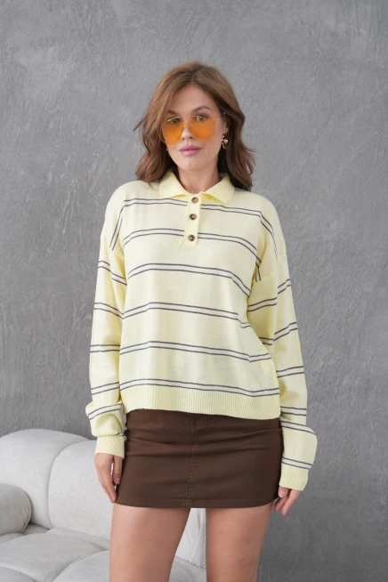 Kadın Polo Yaka Yarım Pat Düğme Kapama Çizgili Triko Kazak