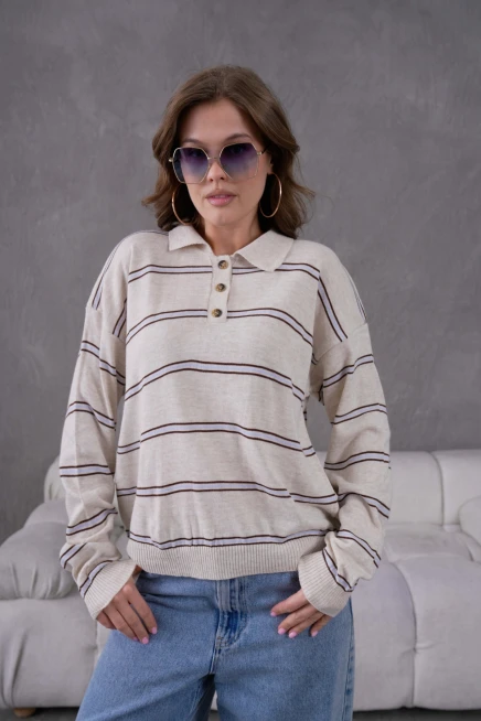 Kadın Polo Yaka Yarım Pat Düğme Kapama Çizgili Triko Kazak