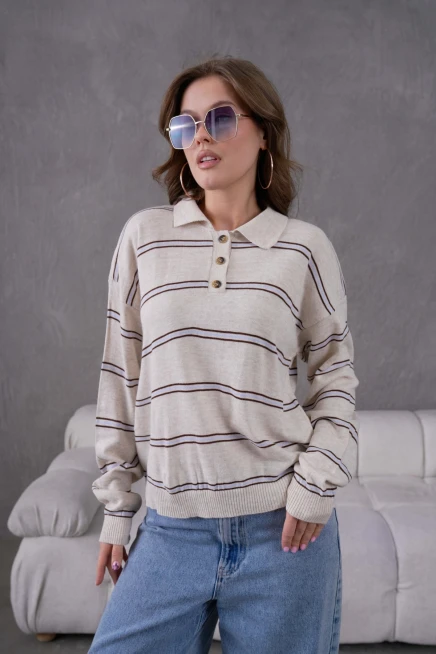Kadın Polo Yaka Yarım Pat Düğme Kapama Çizgili Triko Kazak