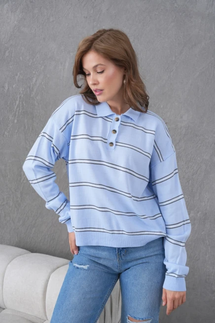 Kadın Polo Yaka Yarım Pat Düğme Kapama Çizgili Triko Kazak