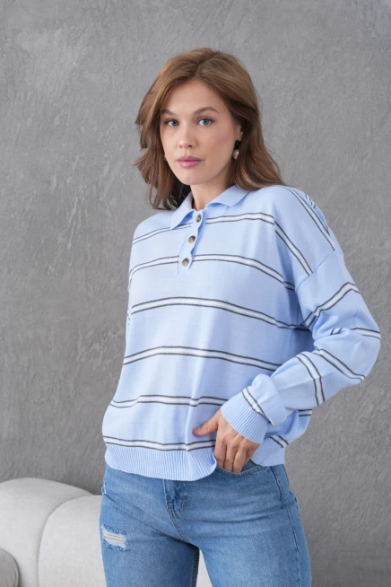 Kadın Polo Yaka Yarım Pat Düğme Kapama Çizgili Triko Kazak