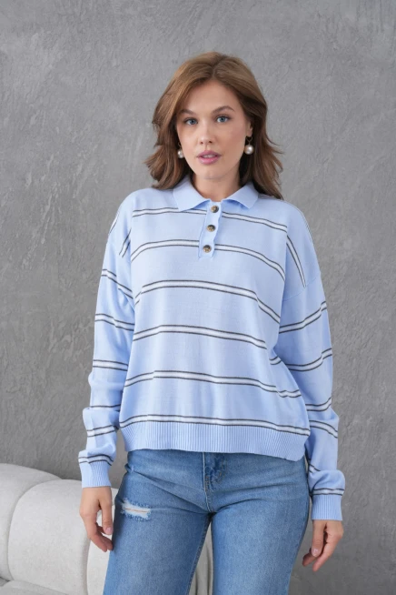 Kadın Polo Yaka Yarım Pat Düğme Kapama Çizgili Triko Kazak