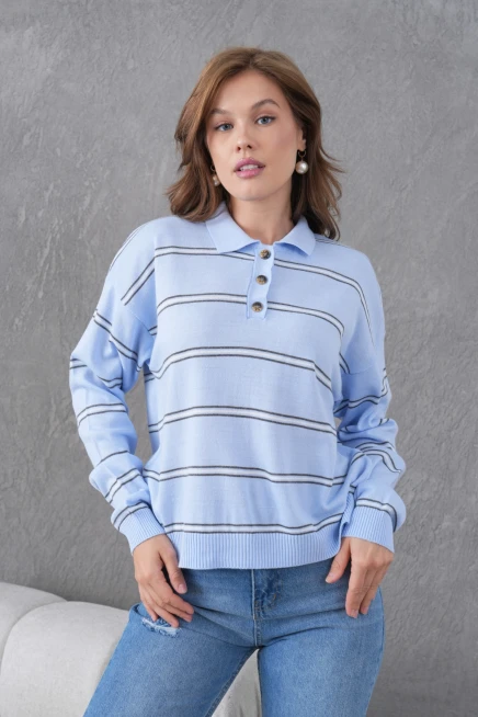 Kadın Polo Yaka Yarım Pat Düğme Kapama Çizgili Triko Kazak