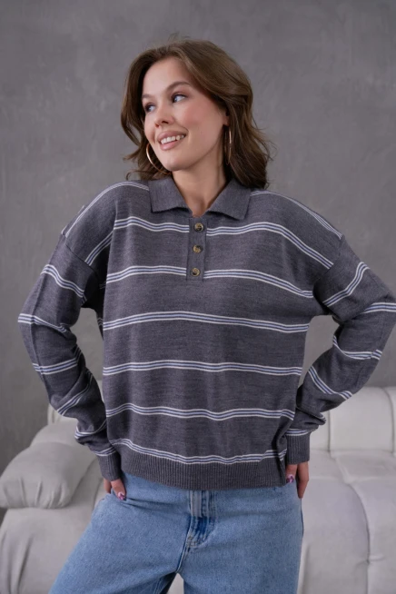 Kadın Polo Yaka Yarım Pat Düğme Kapama Çizgili Triko Kazak