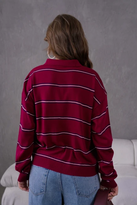 Kadın Polo Yaka Yarım Pat Düğme Kapama Çizgili Triko Kazak