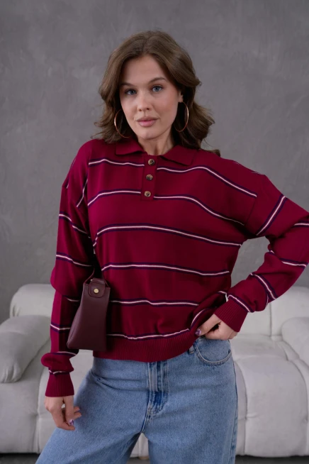 Kadın Polo Yaka Yarım Pat Düğme Kapama Çizgili Triko Kazak