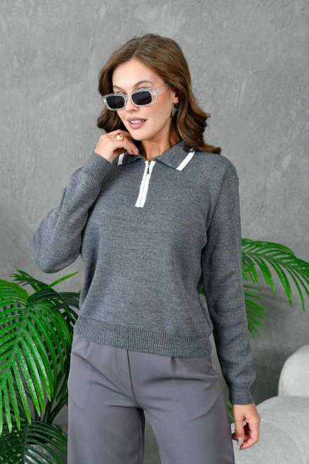 Kadın Polo Yaka Yarım Pat Fermuar Kapama Basic Triko Kazak