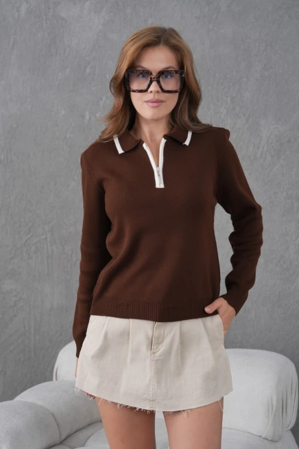 Kadın Polo Yaka Yarım Pat Fermuar Kapama Basic Triko Kazak